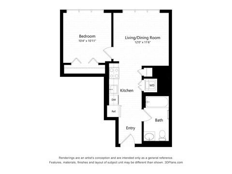 Floor plan for 1 bed, 1 bath, 521 sqft